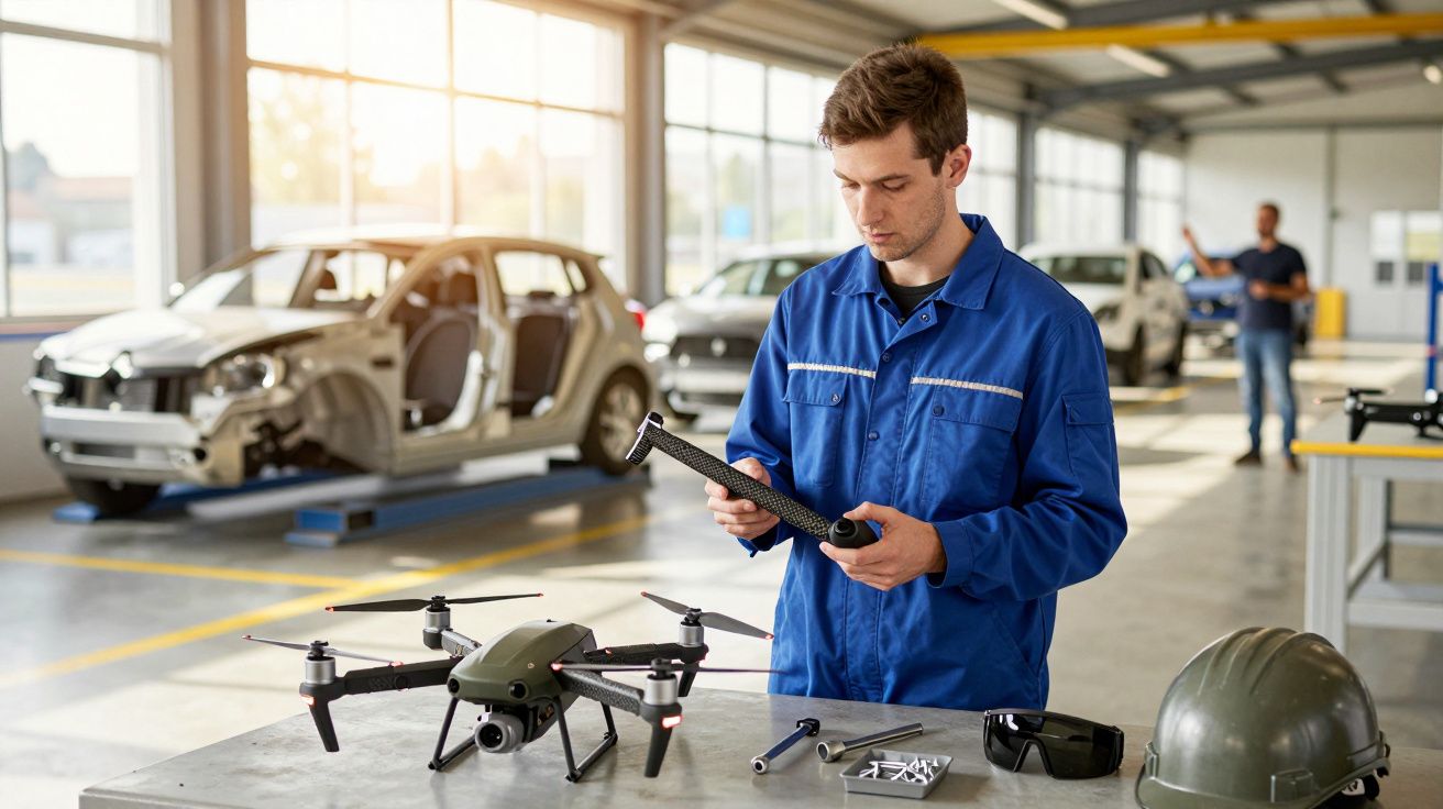 Homem em fato de macaco azul trabalha com drone numa oficina, com carros ao fundo.