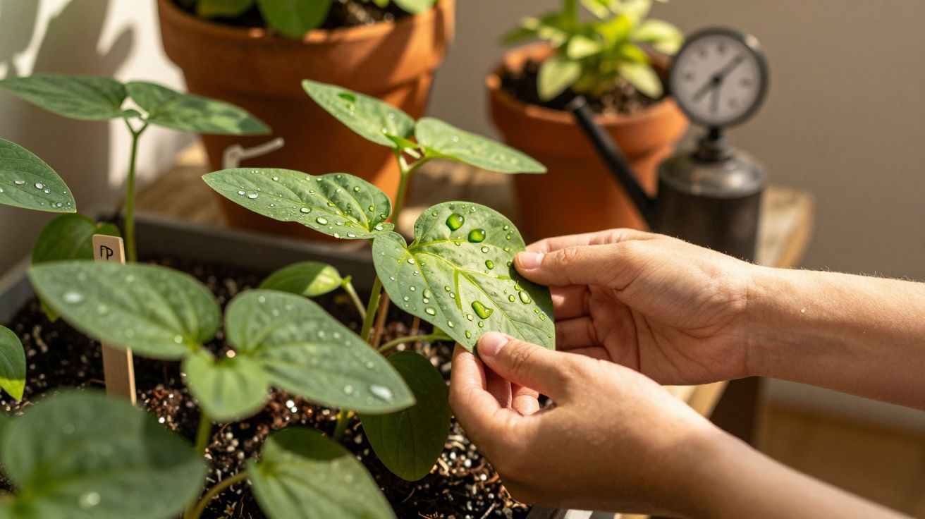 Mãos segurando folha com gotas de água em vaso de plantas, regador e vaso ao fundo.