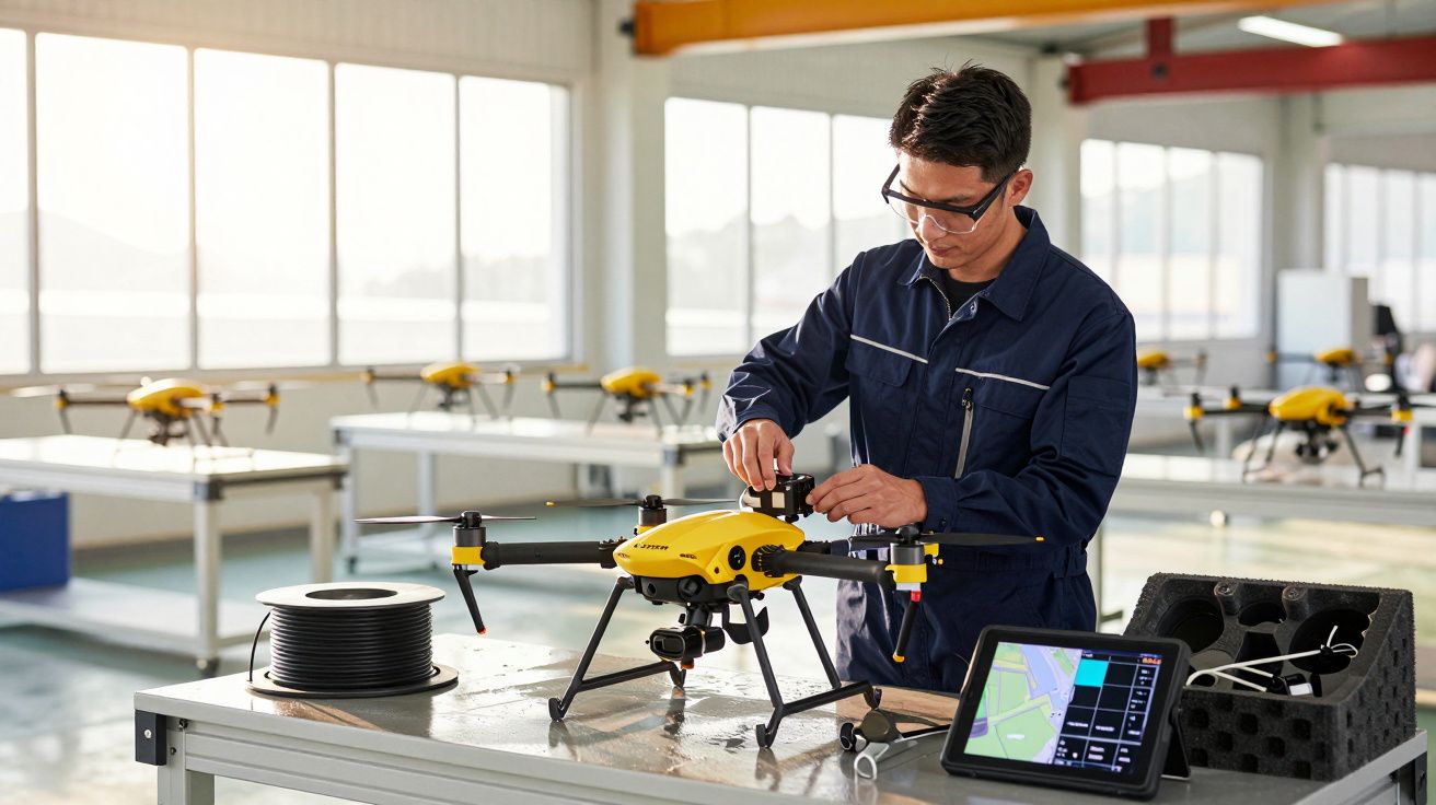 Homem em oficina de engenharia ajusta um drone amarelo sobre a mesa, com tablet e carretel de fio ao lado.