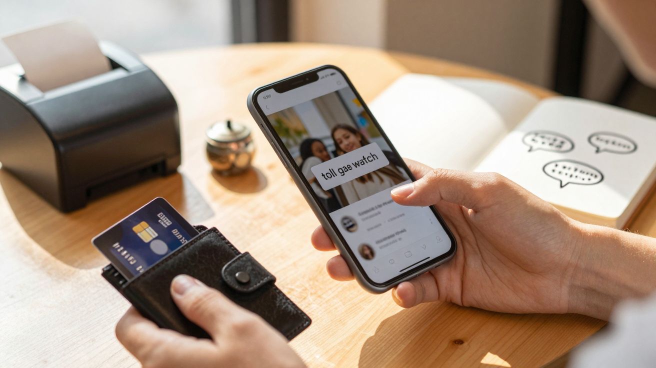 Pessoa segurando um smartphone e uma carteira com cartão de crédito, numa mesa com caderno e impressora.