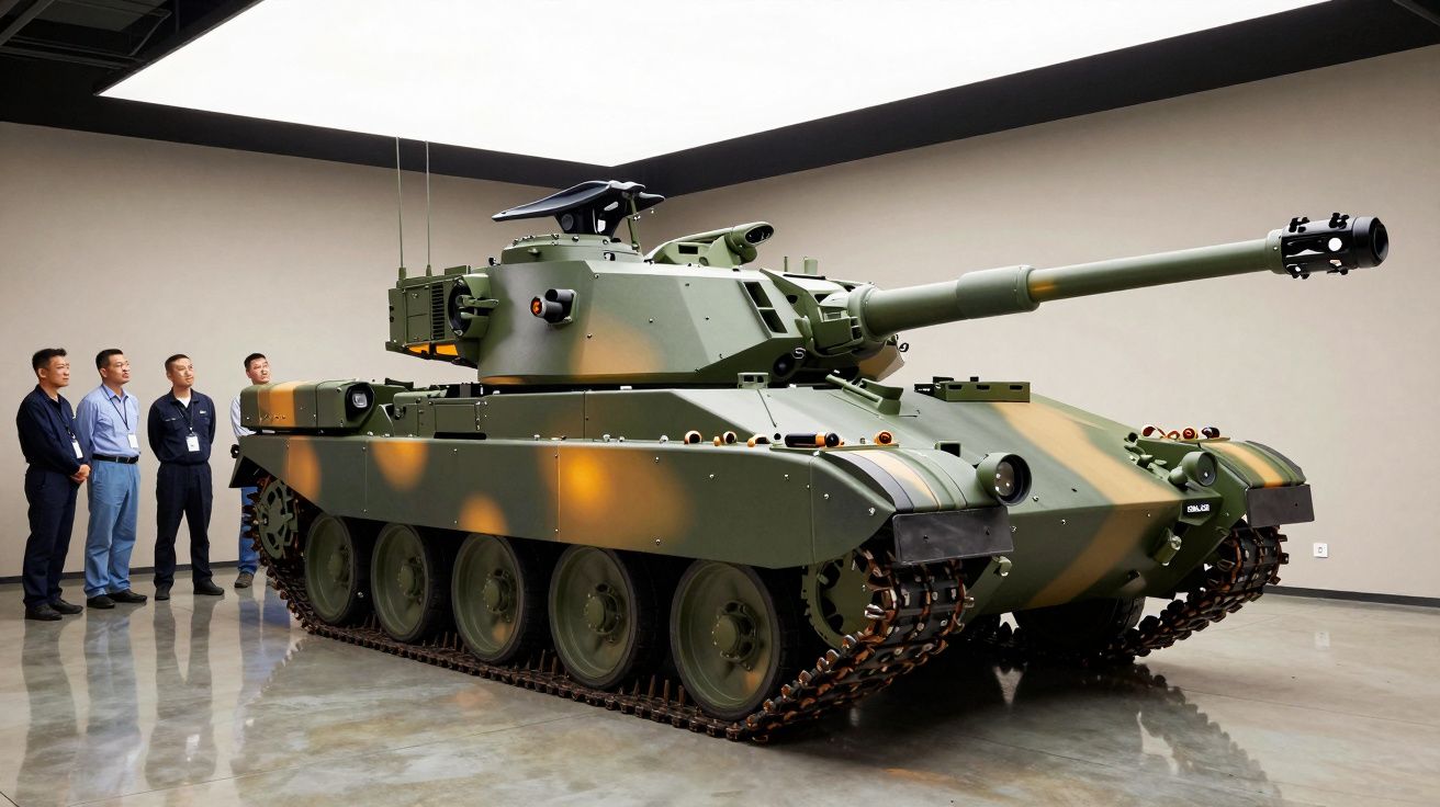 Tanque militar verde em exposição com quatro pessoas a observar ao lado, num espaço interior iluminado.