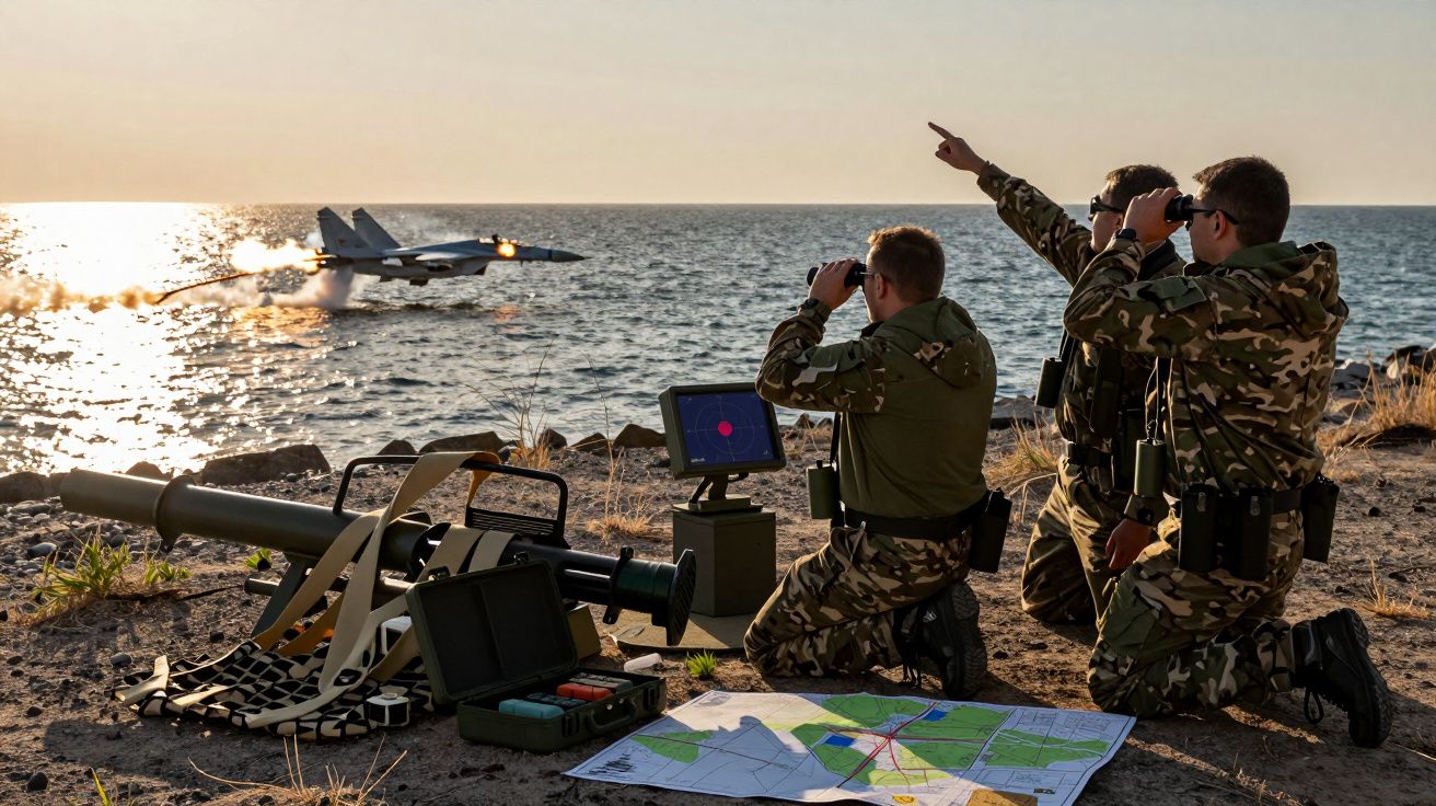 Três soldados observam um caça a jato voar baixo sobre o mar ao pôr do sol, com um mapa e equipamento militar no chão.