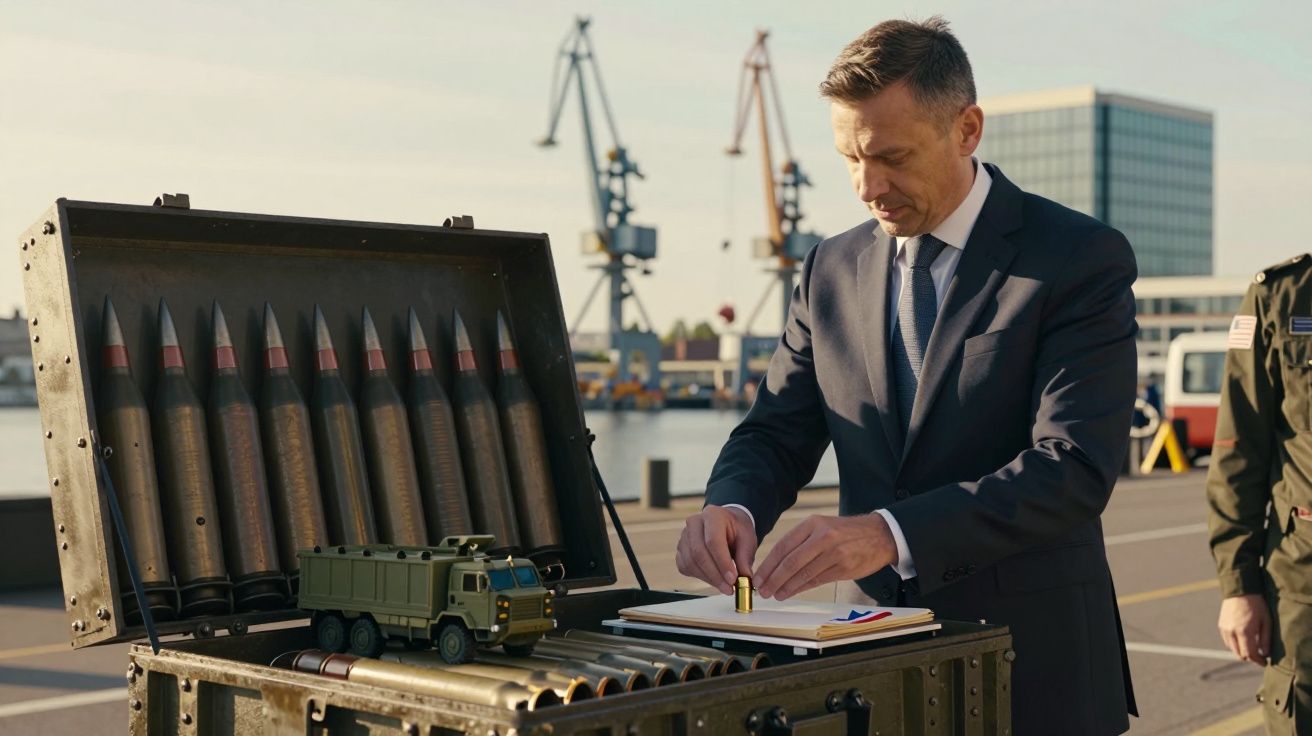 Homem de fato ao ar livre, ao lado de munições e modelo de veículo militar, num cais com guindastes ao fundo.