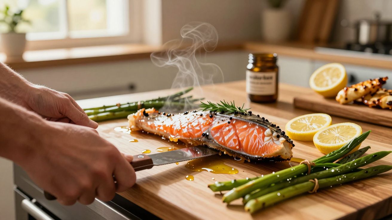 Pessoa cortando salmão grelhado fumegante em tabua de madeira com espargos, limões cortados e ervas.