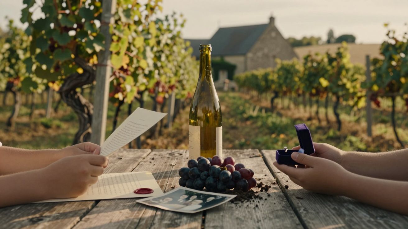 Mesa de madeira em vinhedo com garrafa de vinho, uvas, fotografias, carta e mãos com caixa de anel.