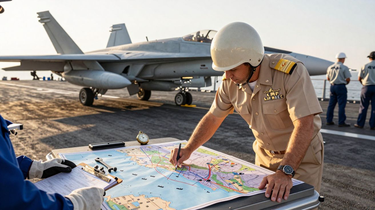 Oficial da marinha examina mapa em porta-aviões, com caça a jato ao fundo e tripulação ao redor.