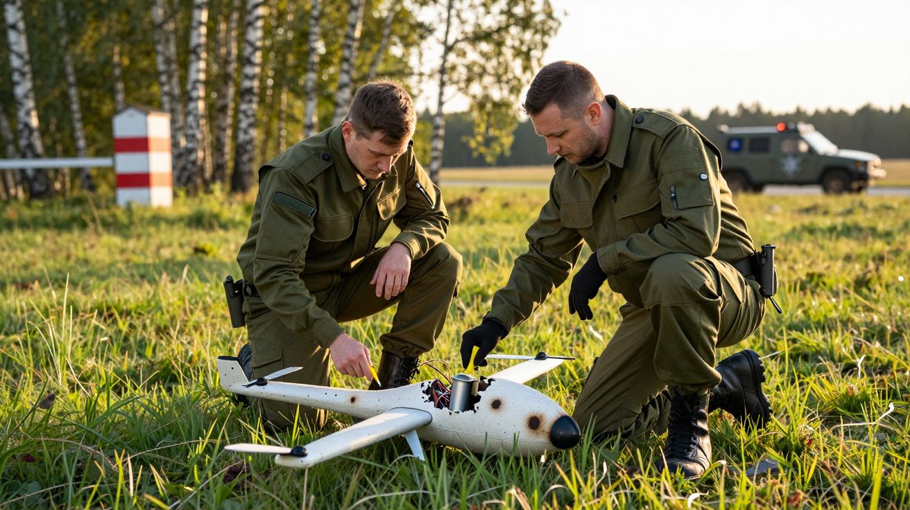 Dois homens em uniforme militar ajustam um drone no campo, com floresta ao fundo.