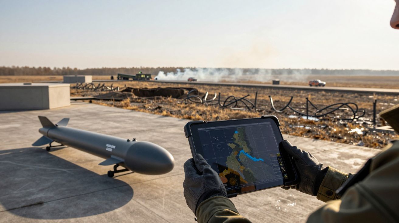 Pessoa a segurar um tablet com mapa junto a míssil em base aérea, veículos em segundo plano.