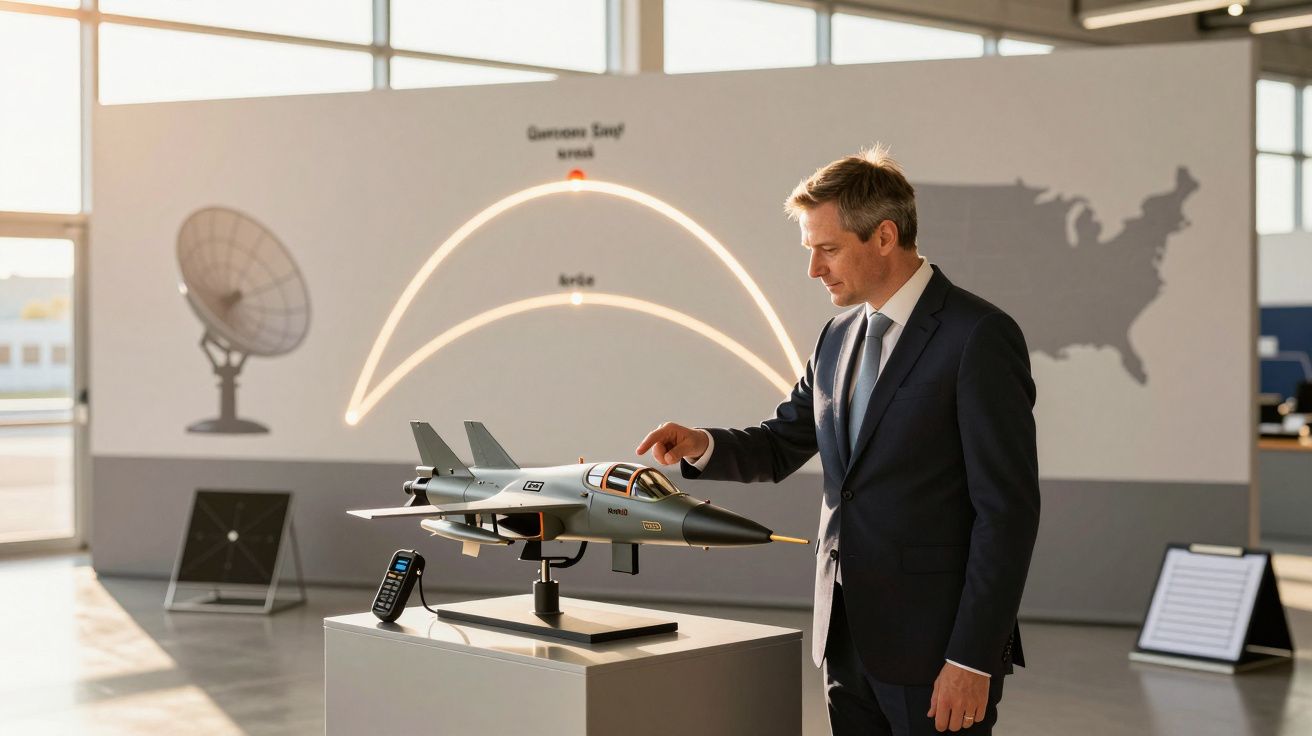 Homem de fato observa modelo de avião num escritório moderno com mapa e antena parabólica ao fundo.