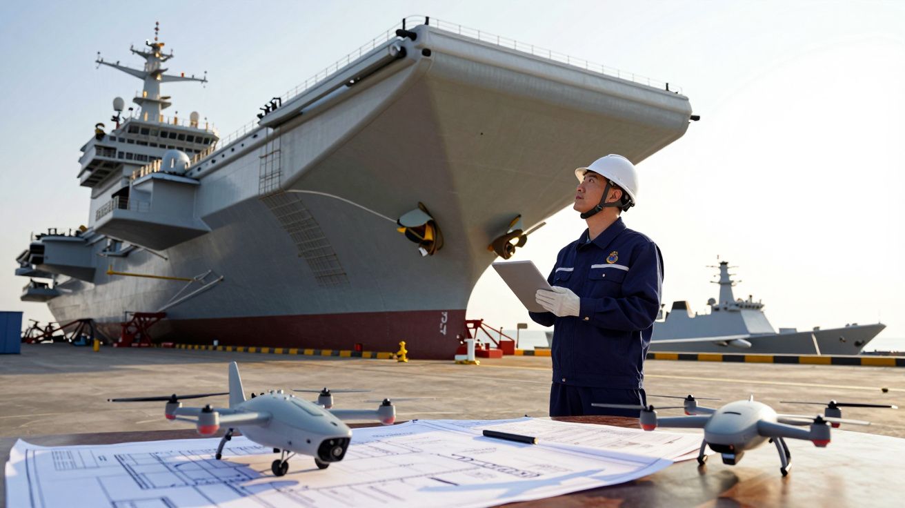 Engenheiro com capacete observa porta-aviões, drones e plantas num estaleiro durante o dia.