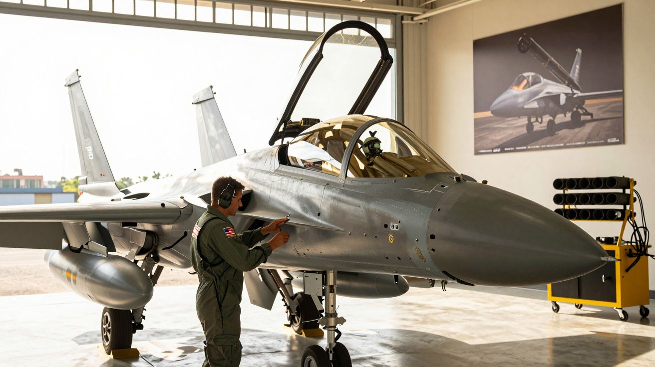 Piloto inspeciona um caça militar estacionado num hangar, com o cockpit aberto e equipamento ao lado.