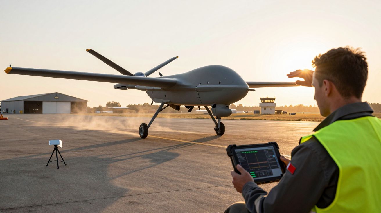 Operador controla drone grande numa pista ao pôr do sol, segurando um tablet. Hangar e torre de controlo ao fundo.