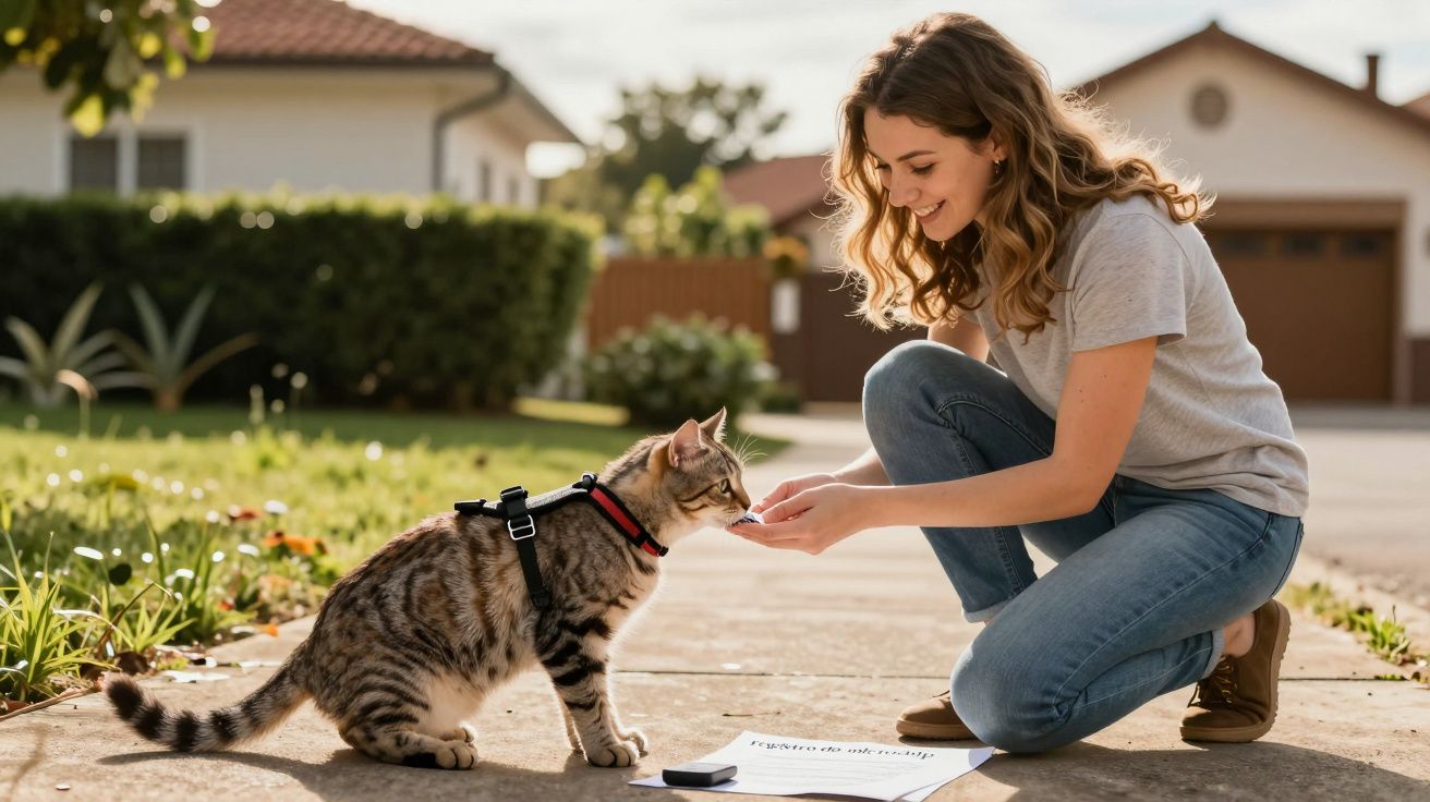 Mulher ajoelhada na calçada alimenta um gato com arnês. Casa e jardim ao fundo, atmosfera ensolarada e descontraída.