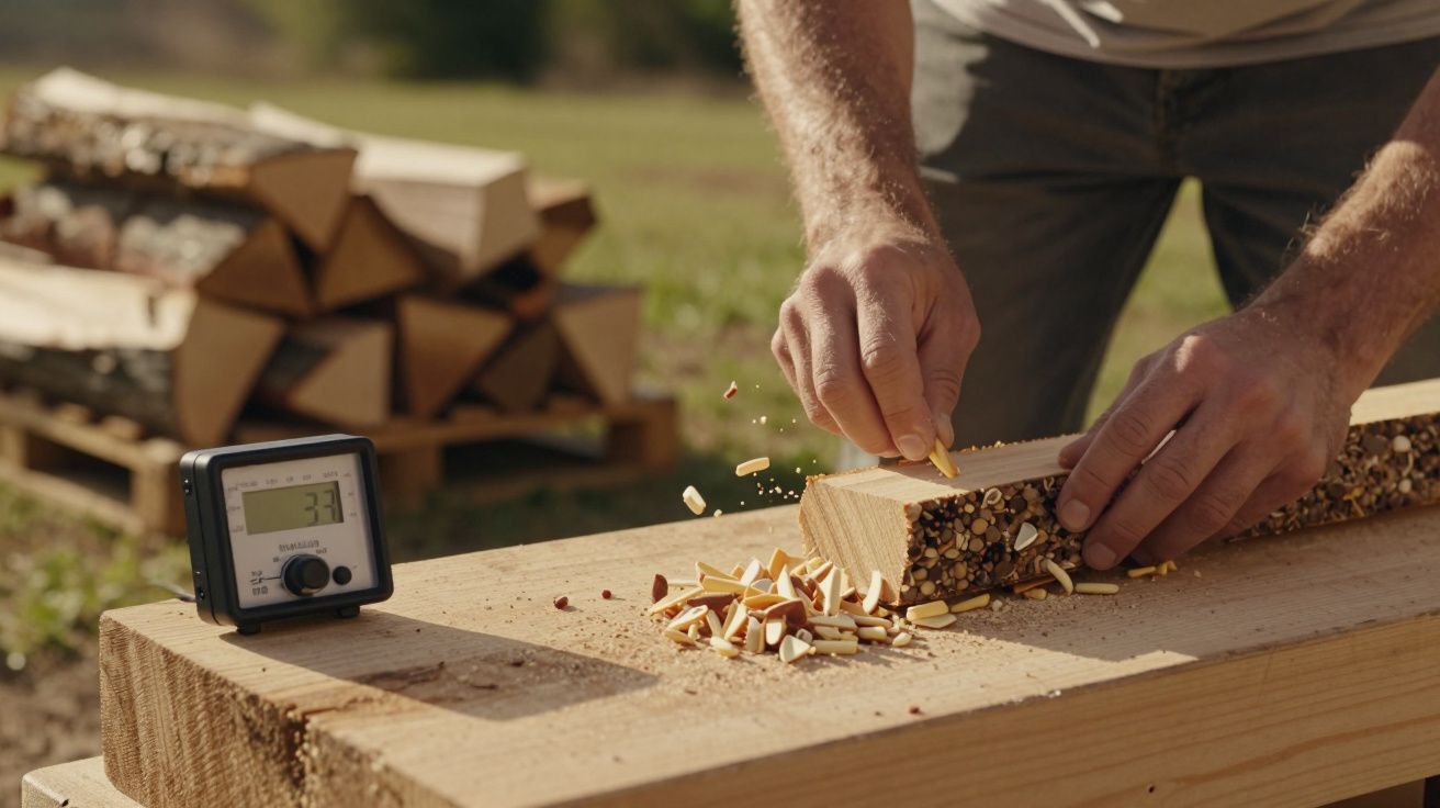 Homem a rachar madeira com um dispositivo medidor ao lado, num ambiente ao ar livre.