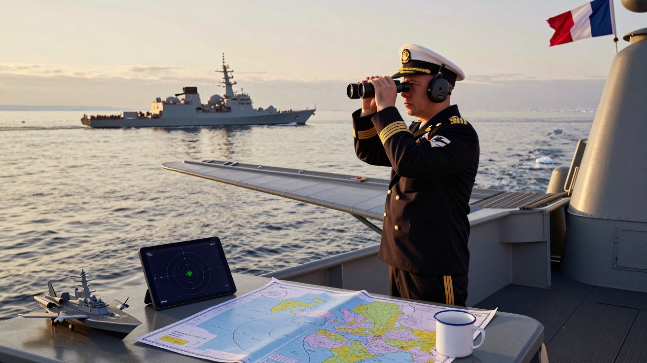 Oficial da marinha observa com binóculos no convés de um navio com mapas e tablet, outro navio ao fundo.