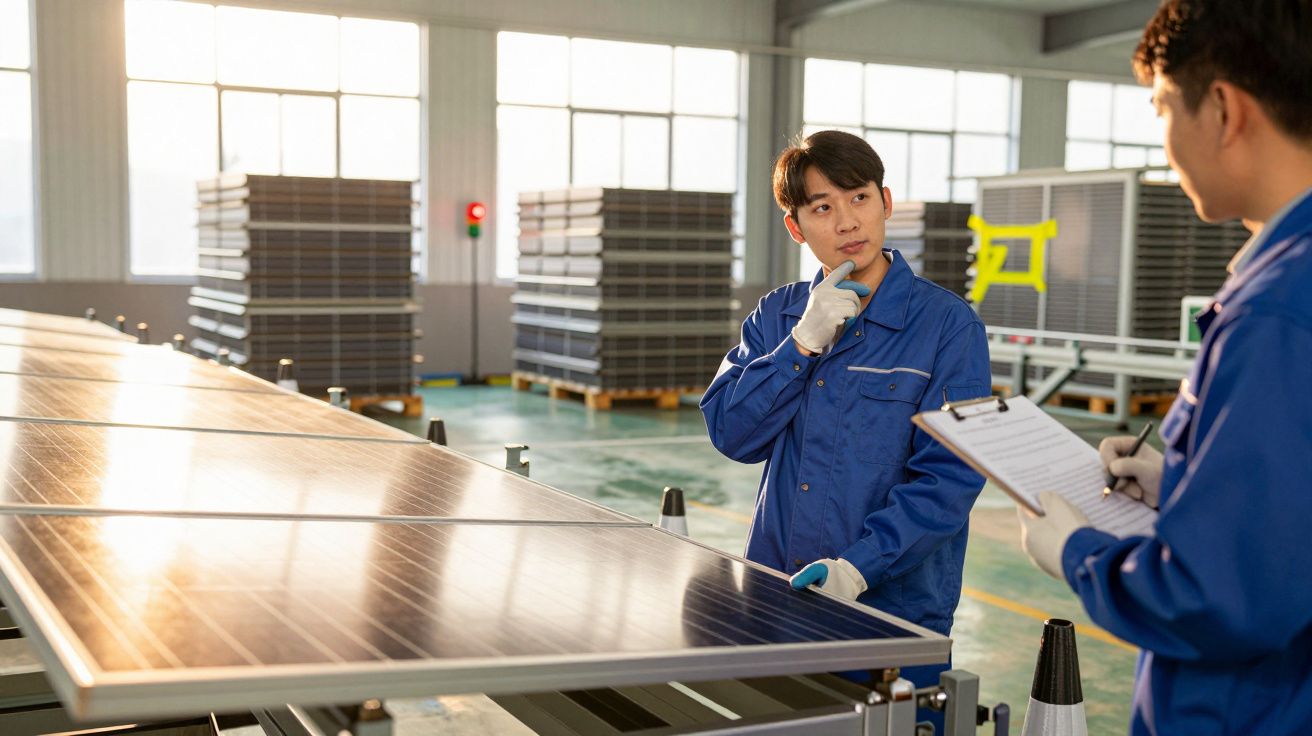 Dois trabalhadores inspecionam painéis solares numa fábrica, vestindo uniformes azuis e equipados com luvas.