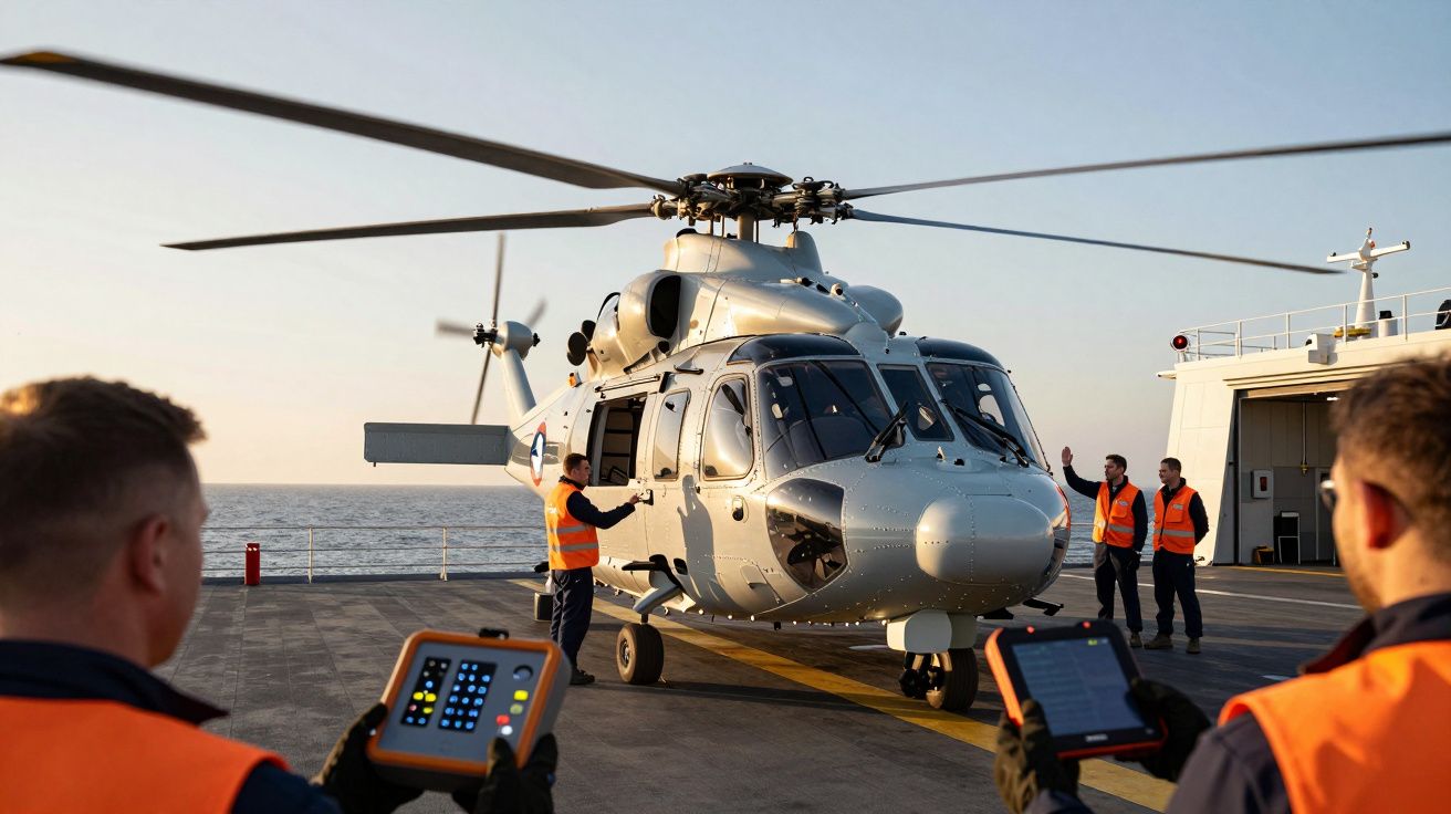 Helicóptero prateado pousado num convés com pessoas de coletes laranja a operar equipamentos eletrónicos.