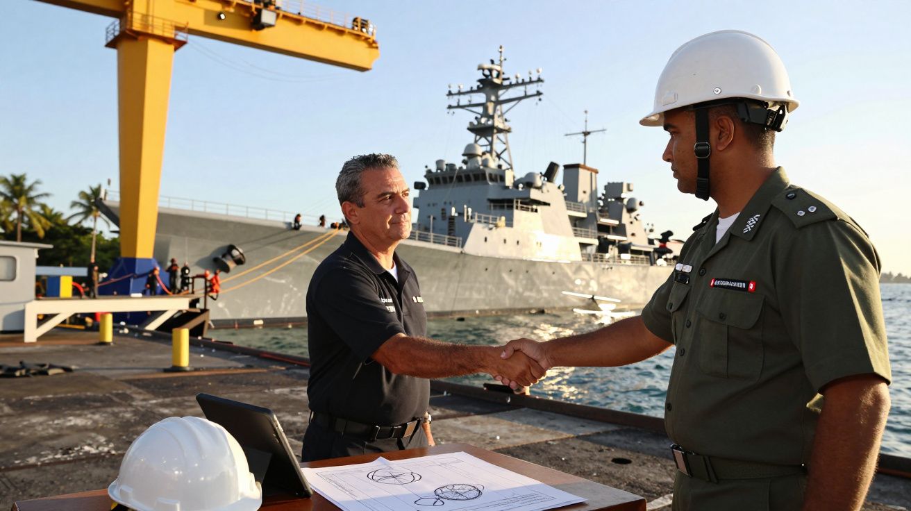 Dois homens apertam as mãos num porto com um navio de guerra ao fundo, ao lado de capacetes de segurança e documentos.