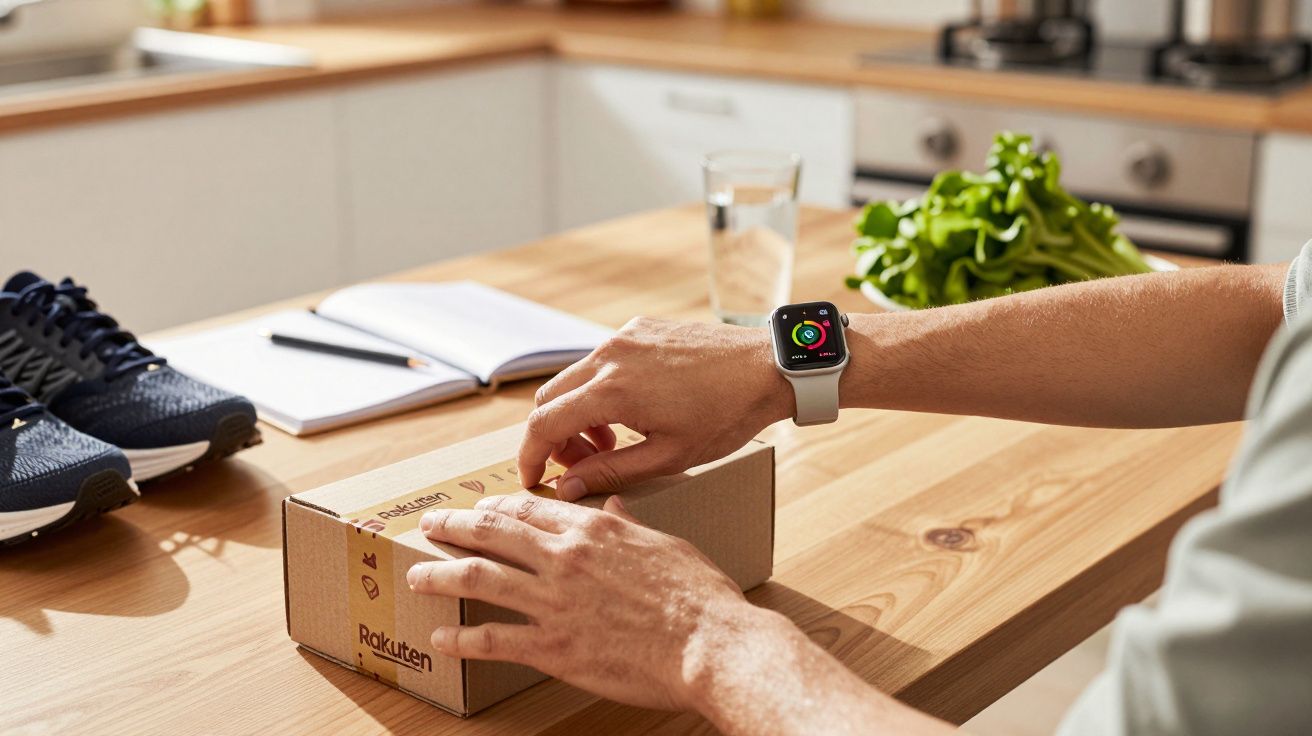 Pessoa com smartwatch a abrir caixa na cozinha; ténis e bloco de notas ao fundo.
