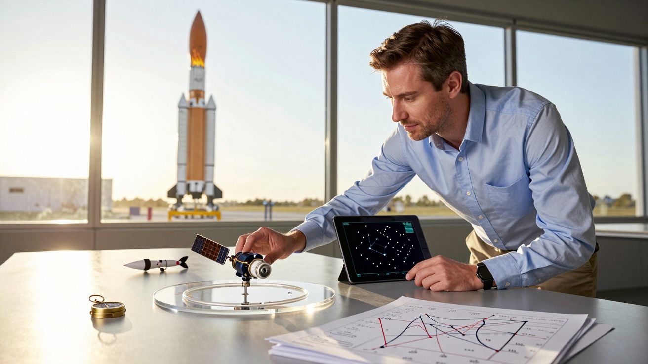 Homem a trabalhar em mesa com gráficos e modelos espaciais, observando ecrã digital, foguetão visível pela janela.
