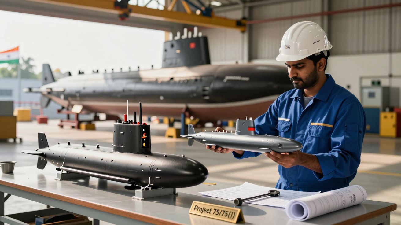 Homem de capacete examina modelos de submarinos em oficina, com submarino real ao fundo.