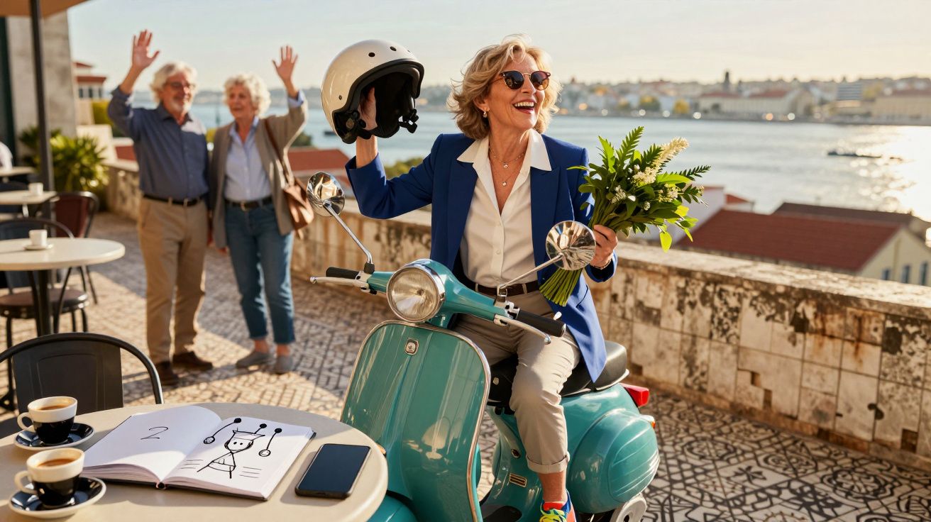 Mulher madura num scooter azul com flores, sorrindo e acenando. Duas pessoas ao fundo, junto ao rio.