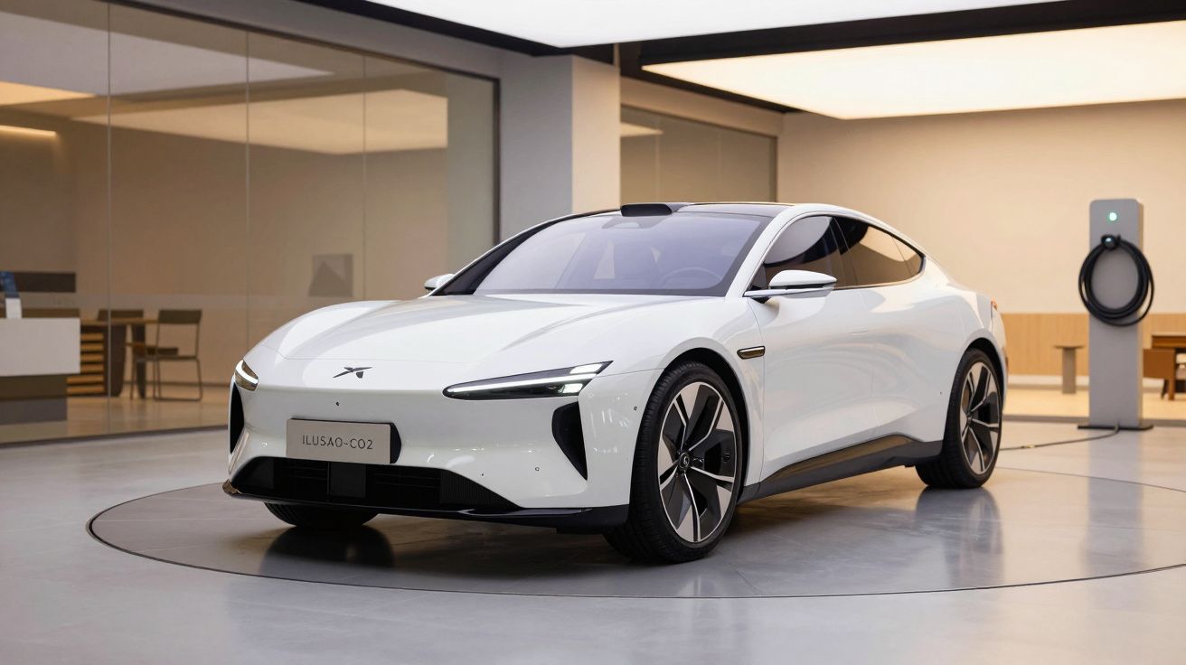 Carro elétrico branco em showroom moderno com decoração minimalista e ponto de carregamento ao fundo.