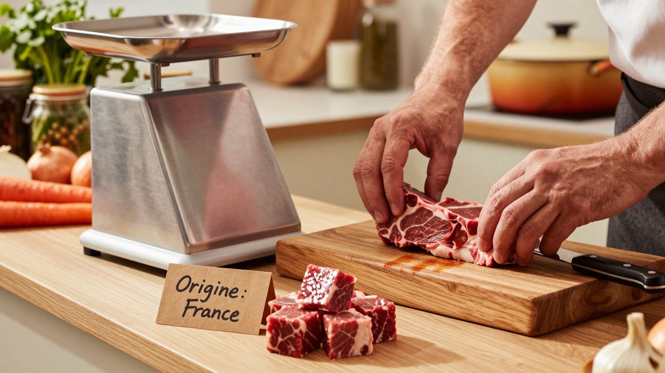 Mãos a cortar carne em tábua de madeira com placa "Origem: França" ao lado de balança metálica na cozinha.