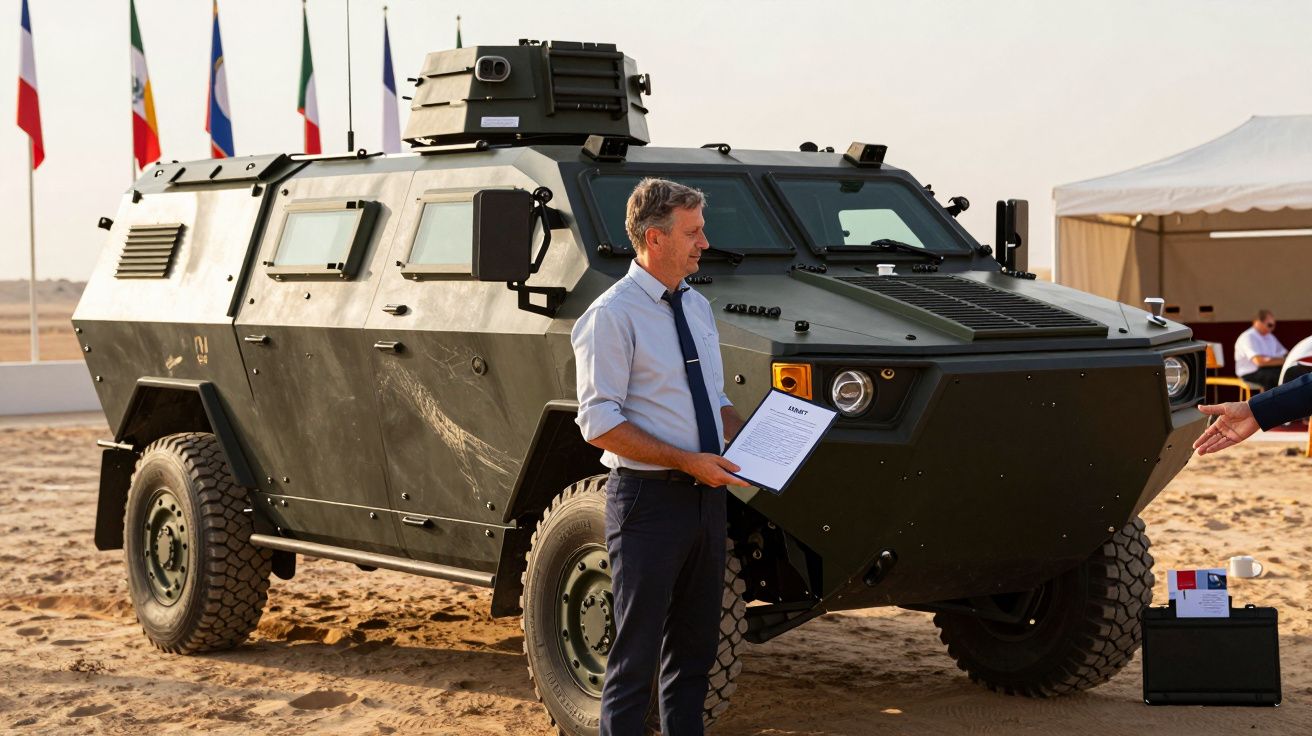 Homem com documento ao lado de veículo blindado verde em local arenoso com bandeiras ao fundo.