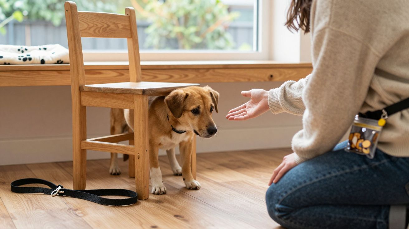Cão pequeno debaixo de uma cadeira, hesitante, enquanto uma pessoa lhe estende a mão. Coleira no chão.