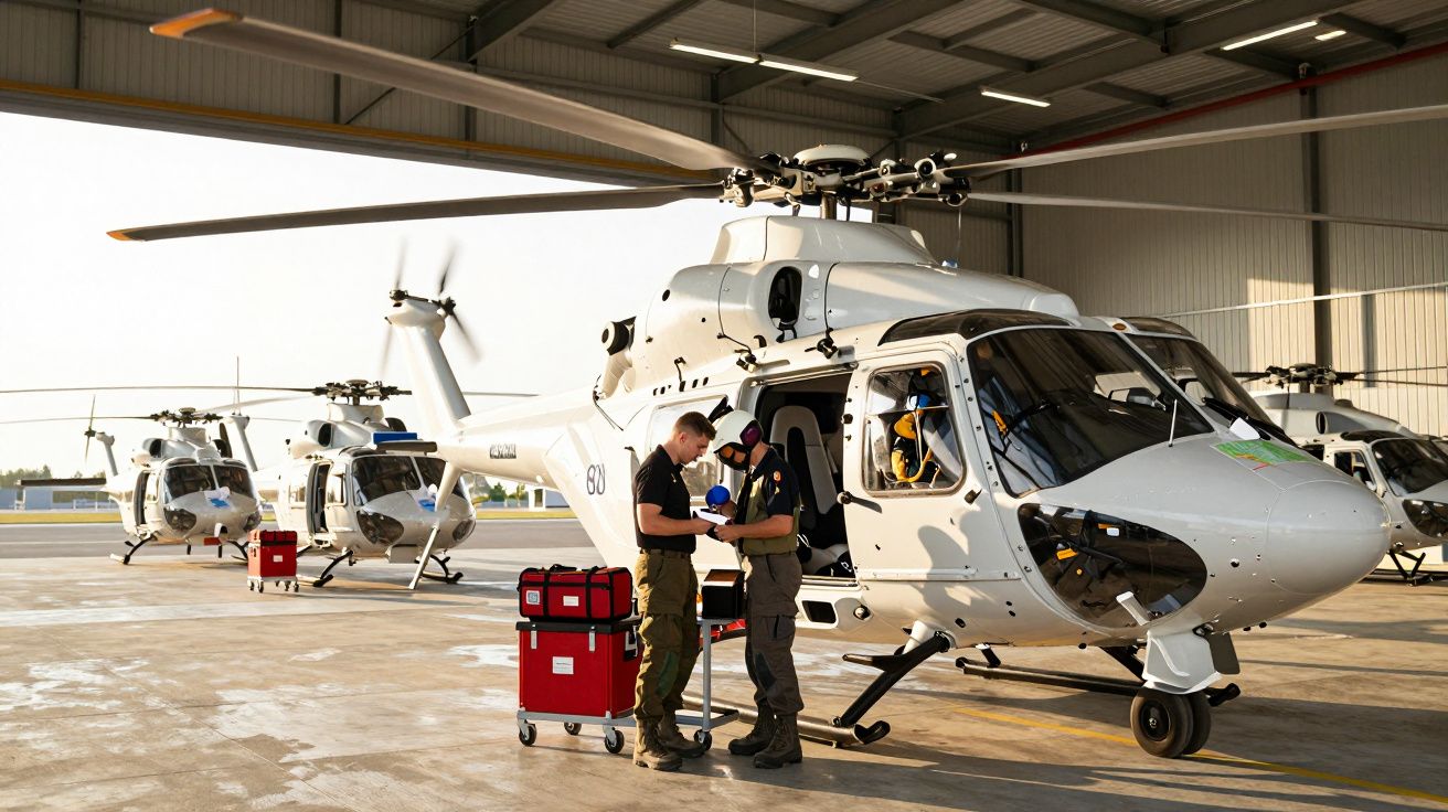 Helicópteros estacionados num hangar com dois técnicos a trabalharem junto a um deles. Outro helicóptero em segundo plano.