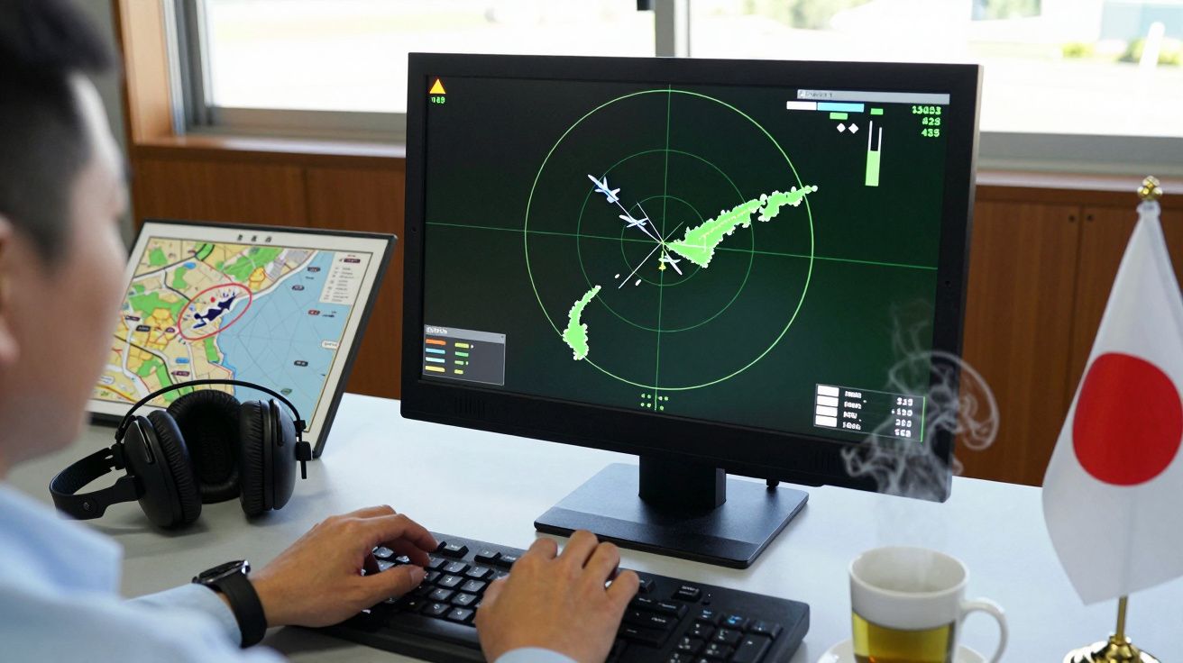 Funcionário monitora radar de tráfego aéreo no computador; bandeira japonesa e chá na mesa.