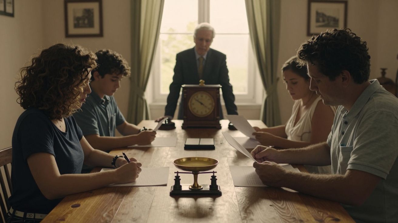 Cinco pessoas sentadas à mesa, escrevendo em papéis, com um relógio e uma balança no centro.