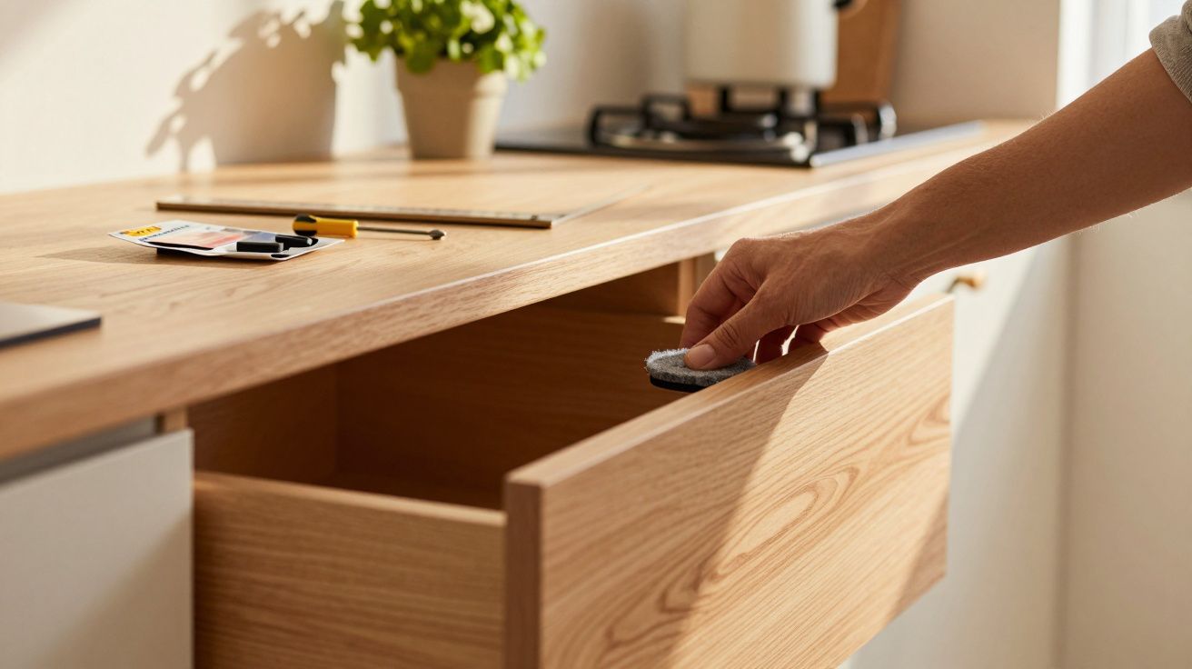 Mão a abrir gaveta de madeira numa cozinha moderna, com planta e utensílios sobre a bancada.