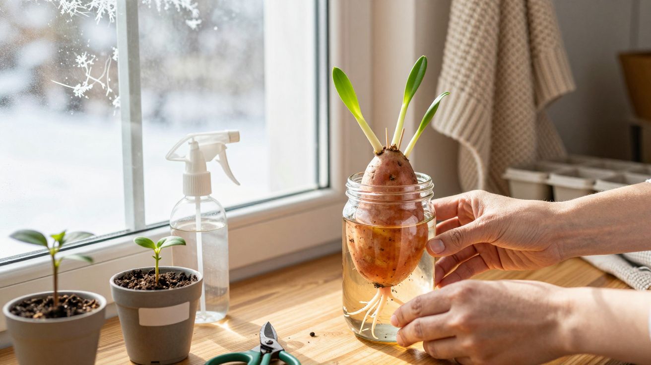 Batata a germinar num frasco com água numa janela, junto a vasos pequenos e pulverizador.