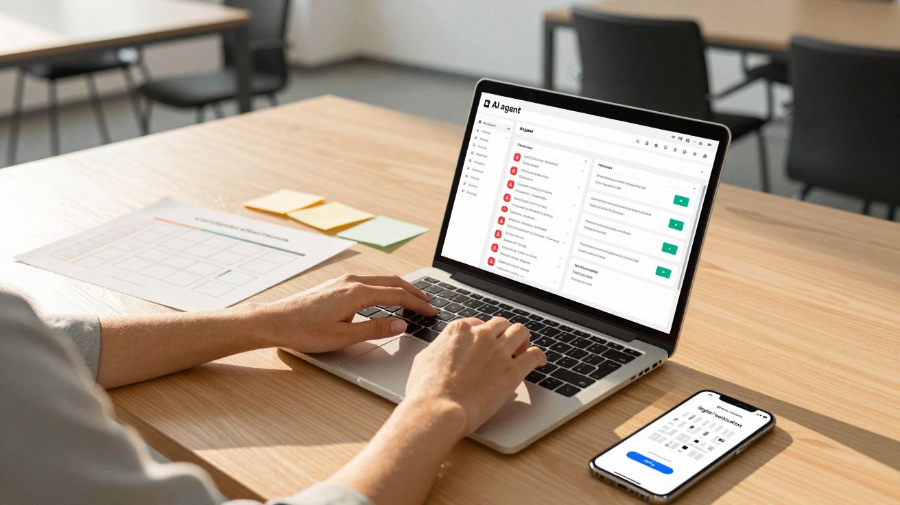Pessoa a trabalhar num portátil com ecrã de software; smartphone ao lado numa mesa de madeira.