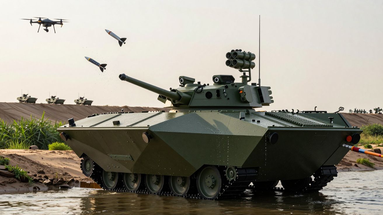 Tanque verde em terreno aquático com drones no ar e lançando mísseis, vegetação e veículos ao fundo.