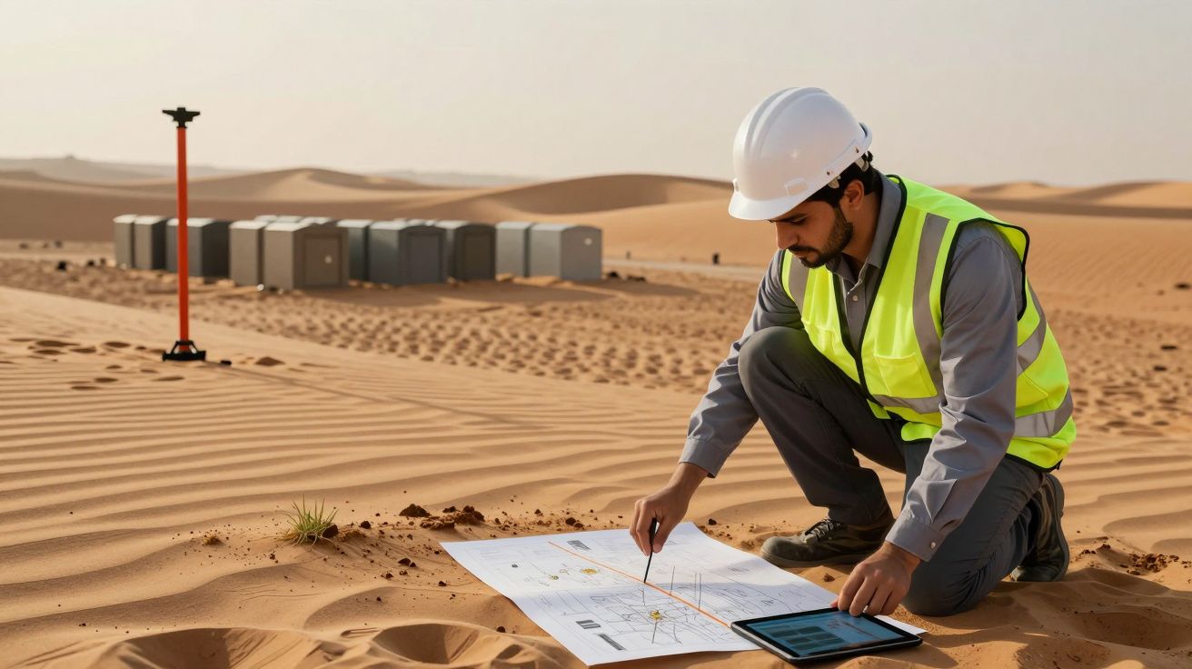 Engenheiro de capacete e colete refletor analisa mapa e tablet no deserto, com contentores ao fundo.