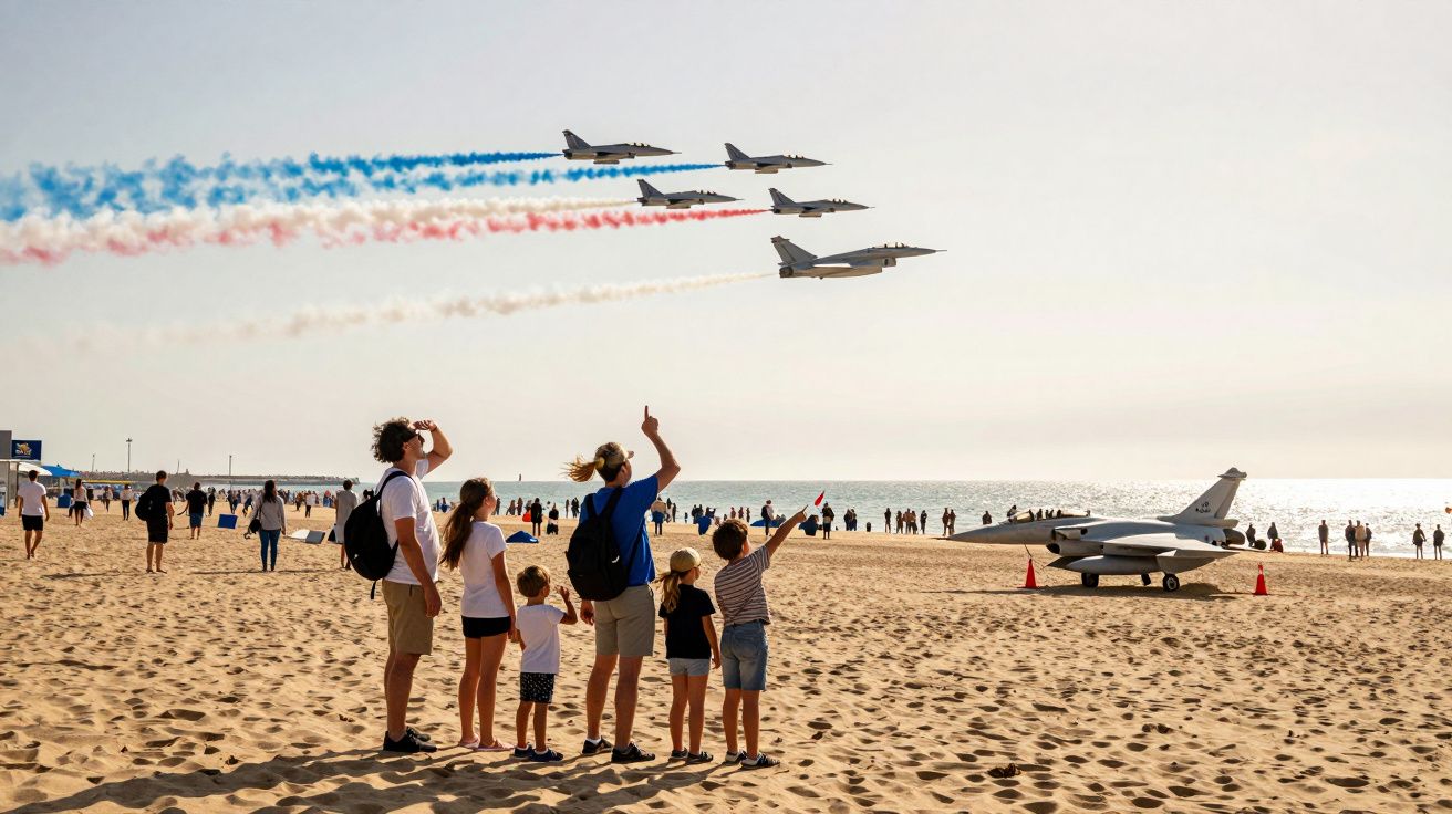 Grupo de pessoas na praia observa aviões a jato soltando fumaça colorida no céu.