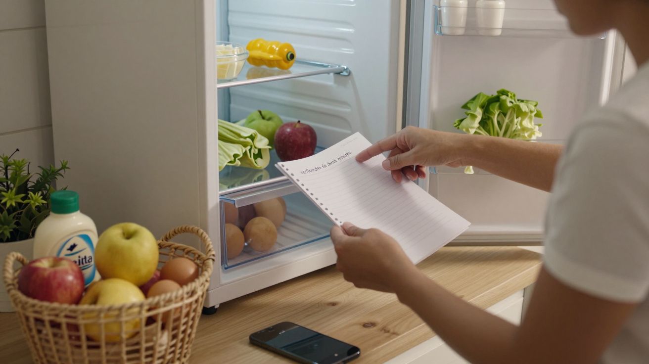 Pessoa verificando lista de compras com frigorífico aberto, frutas e vegetais visíveis ao lado de uma cesta cheia.