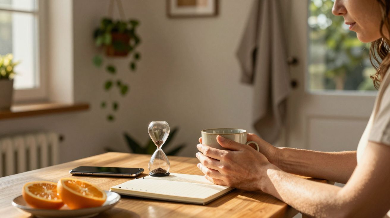 Pessoa segura uma chávena, com caderno, ampulheta e laranja sobre a mesa iluminada pelo sol.