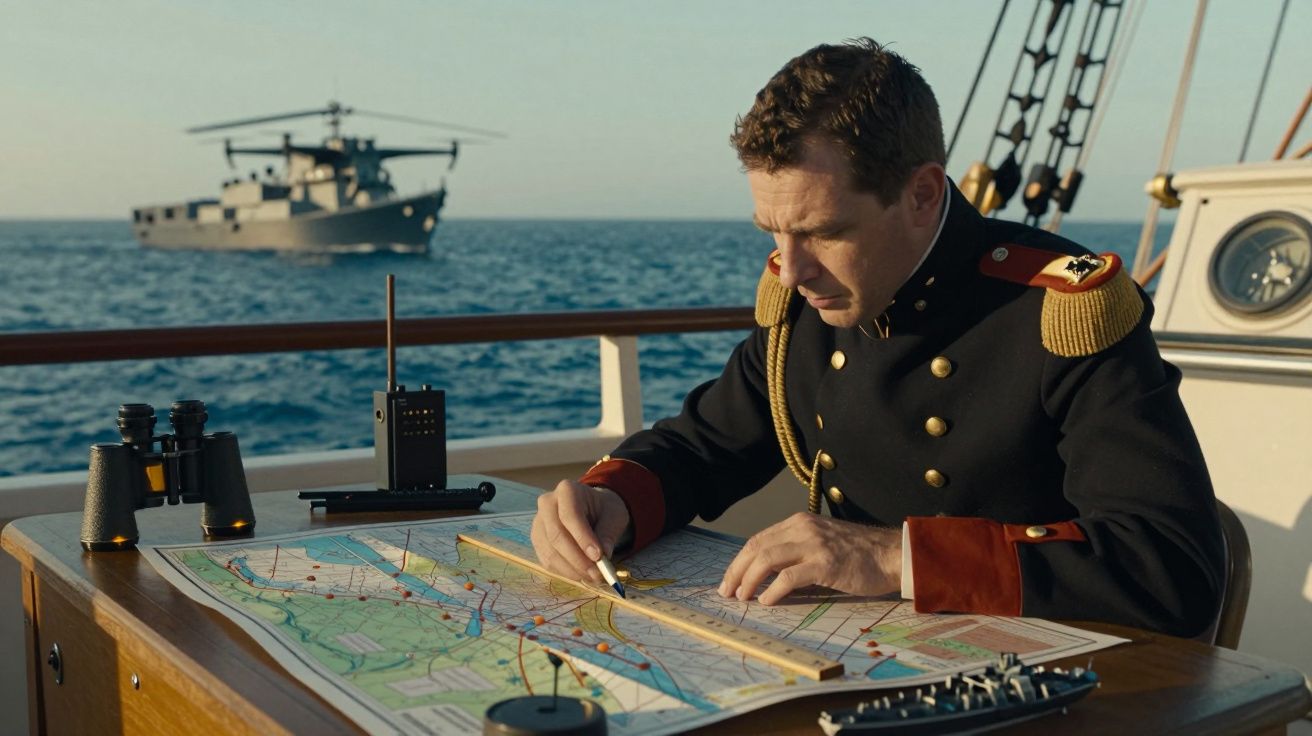 Homem fardado analisa mapa náutico num barco, com navio militar ao fundo no mar.