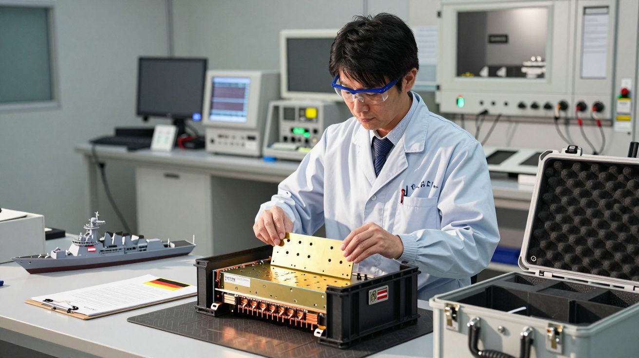 Cientista em laboratório manuseia equipamento técnico com cuidados. Ao fundo, modelos náuticos e monitores.