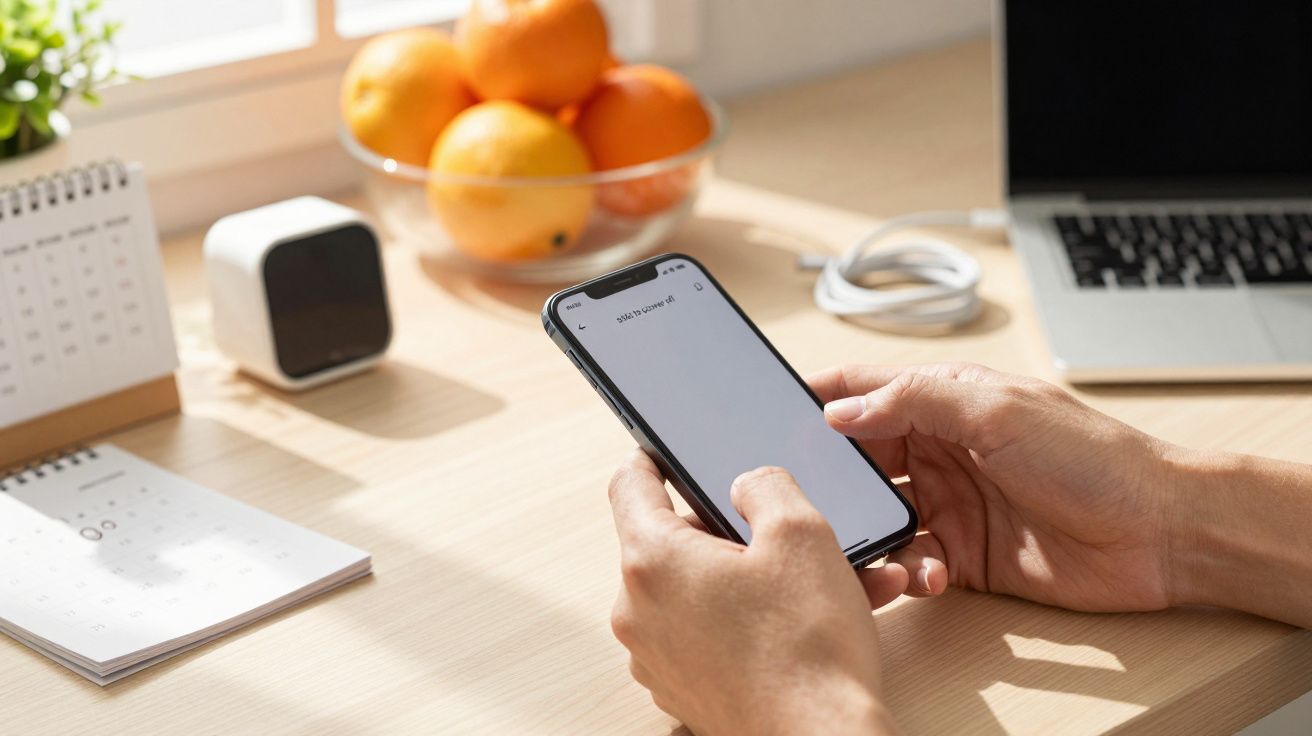 Pessoa segurando um smartphone numa secretária com cesto de frutas, calendário, portátil e cabo a carregar.