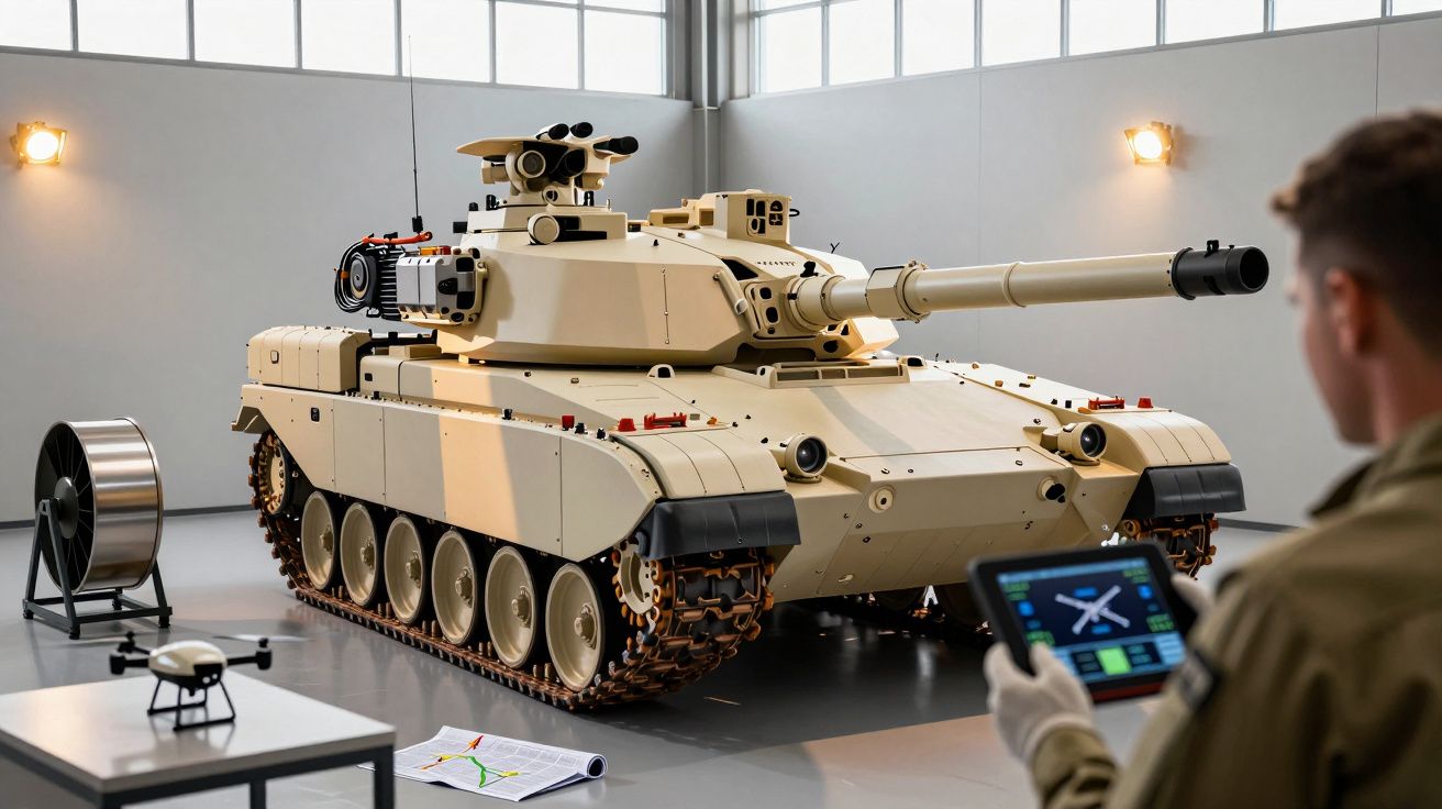 Tanque moderno em hangar com pessoa a controlá-lo por tablet; drone e mapa em mesa ao lado.