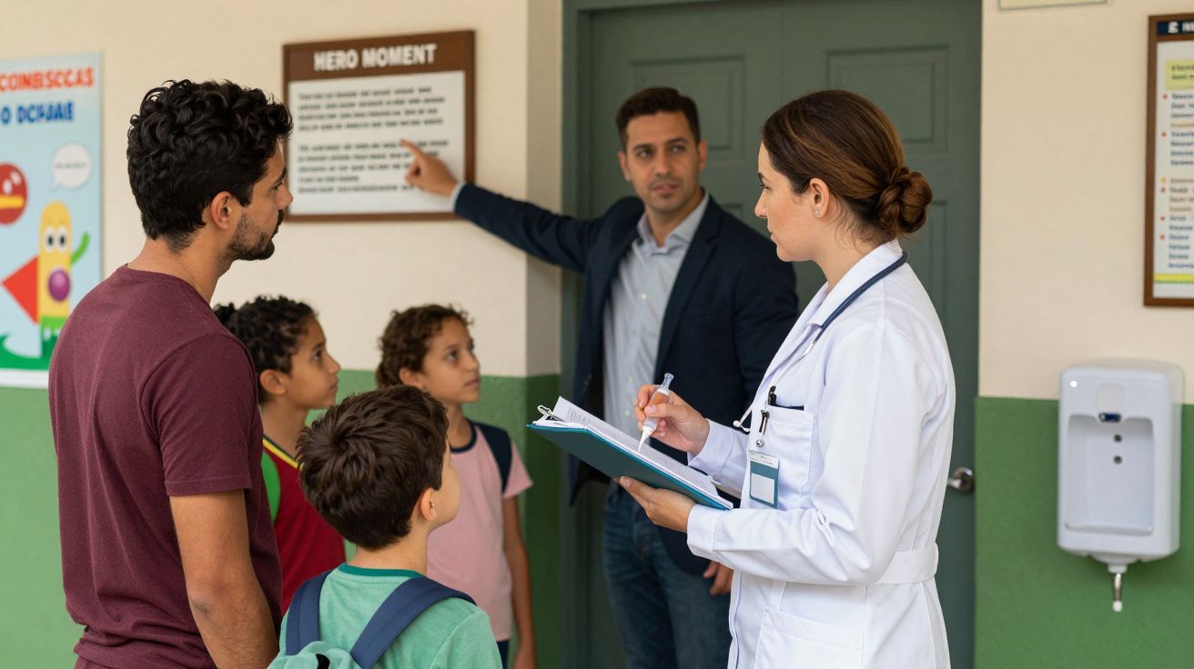 Grupo de adultos e crianças numa conversa com uma médica, enquanto um homem aponta para um quadro na parede.