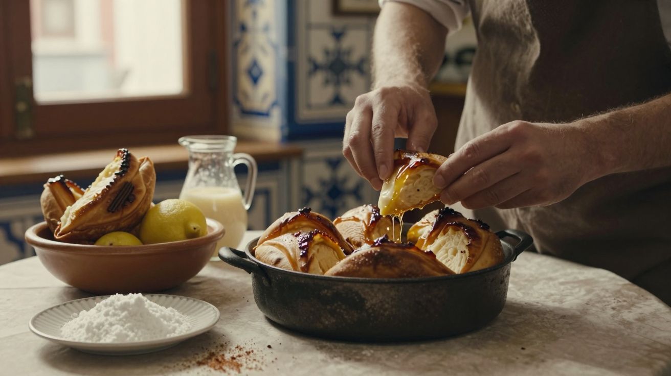 Mãos preparam sobremesas em assadeira sobre mesa, com ingredientes ao redor em cozinha de azulejos tradicionais.