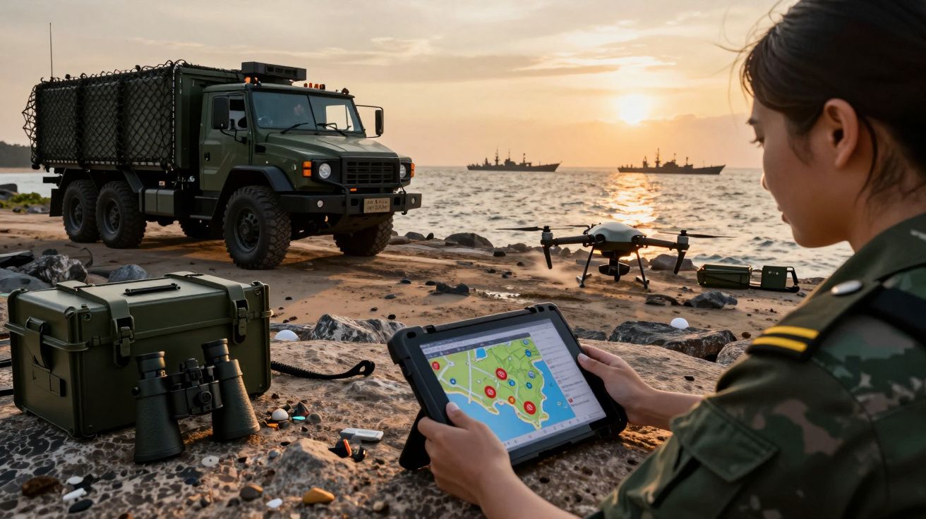 Militar com tablet monitora drone na praia ao pôr do sol, com veículo e navios ao fundo.
