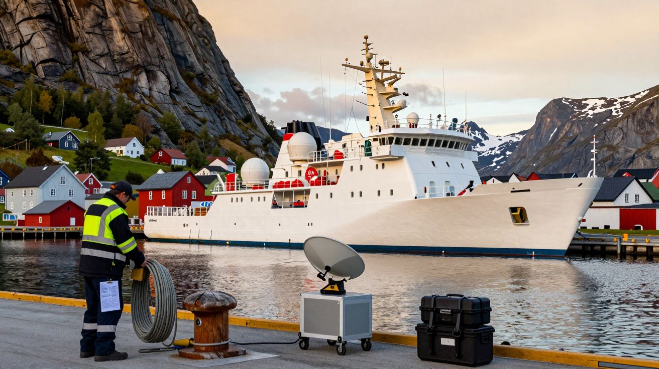 Homem com colete refletor junto a navio branco atracado em porto com casas coloridas e montanhas ao fundo.