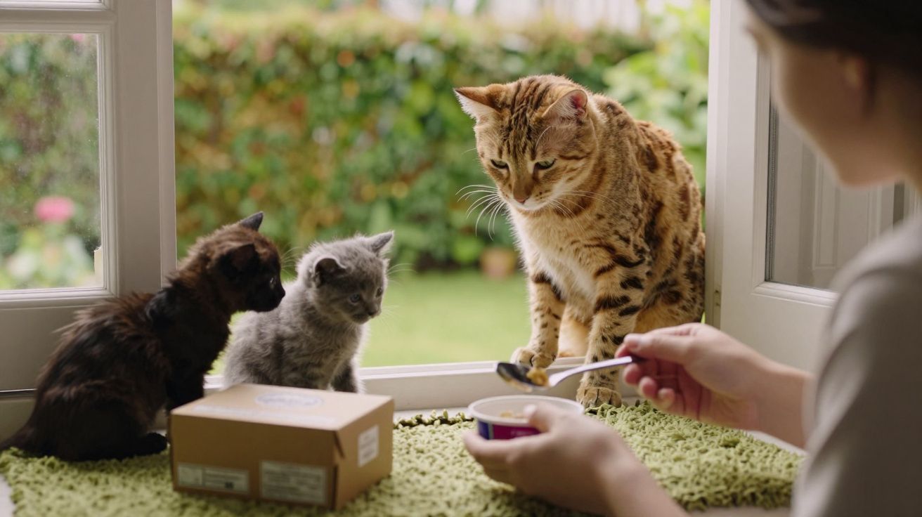 Mulher a alimentar três gatos junto a uma janela aberta, com plantas verdes ao fundo.